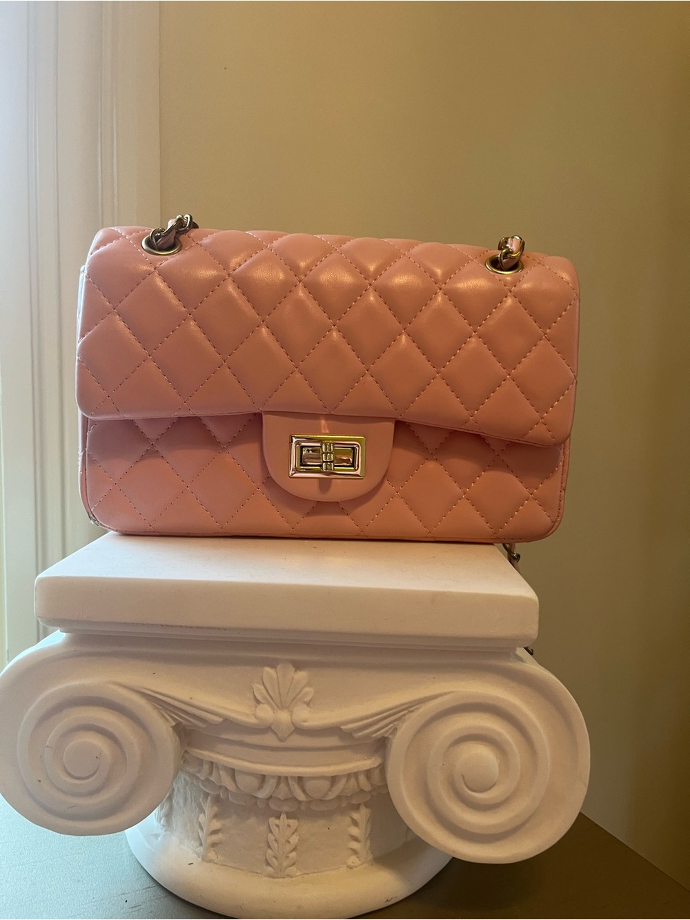 Quilted Pink Shoulder Bag with Gold Hardware